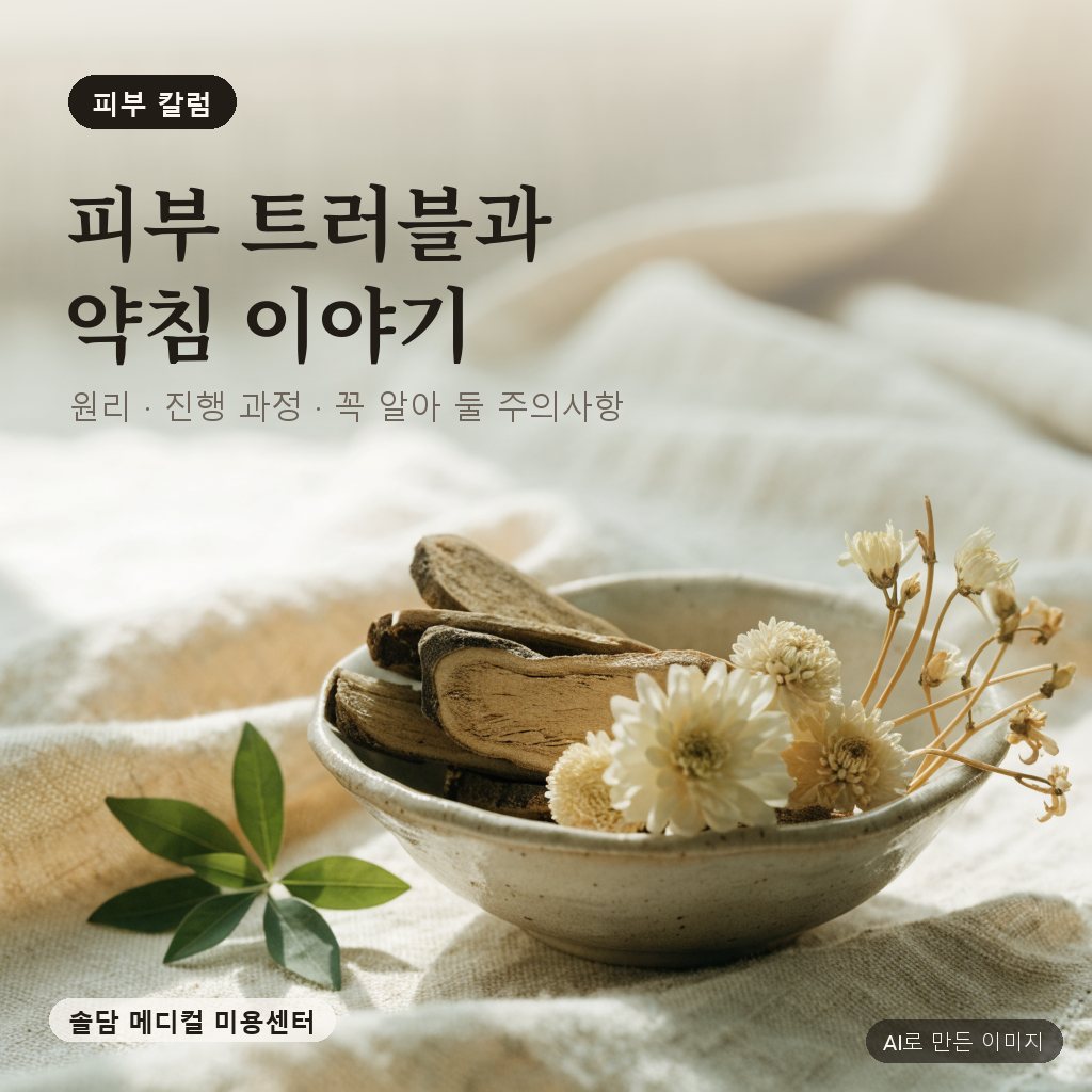 한약재가 담긴 그릇 — 피부 칼럼 대표 이미지 (AI로 만든 이미지)